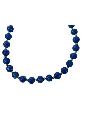 VTG Blue Beaded Necklace Gold-Tone Spacers Clasp 18" Length Polished 80s 50s